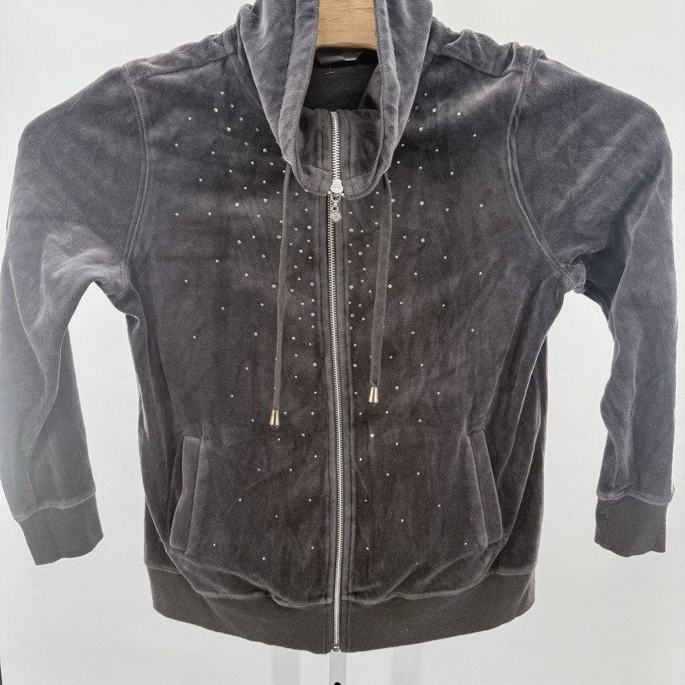 Christopher & Banks Y2K Velour Grey Zip Up Rhinestone Sparkle Gems Jacket Medium - Picture 2 of 7